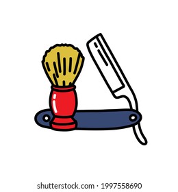 straight razor and shaving brush doodle icon, vector illustration