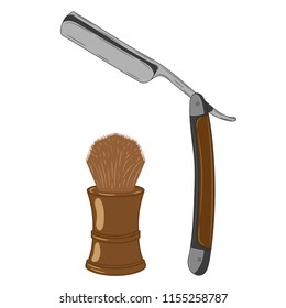 Straight razor and shaving brush. Isolated vector illustration on white background.