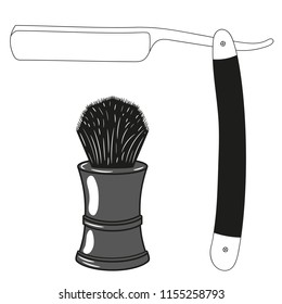 Straight razor and shaving brush. Isolated vector illustration on white background.