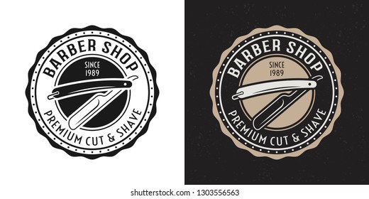 Straight razor vector two style black and colored vintage round badge, emblem, label or logo for barbershop on white and dark background