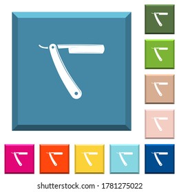 Straight razor white icons on edged square buttons in various trendy colors