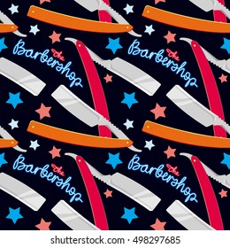 Straight razors. Seamless pattern with shaving tools. Vector clip art.