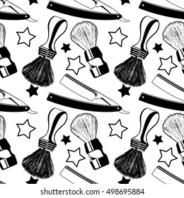 Straight razors and shaving brushes. Seamless pattern with shaving tools. Vector clip art.