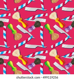 Straight razors and shaving brushes. Seamless pattern with shaving tools. Vector clip art.