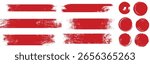 Straight red ink vector lines pack. Bloody color long and round hand-drawn brushstroke text highlights  frames  circles. Asian calligraphy brushstroke set. 