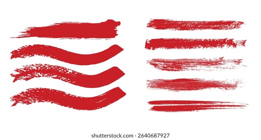 Straight red ink vector lines pack. Bloody color long and round hand-drawn brushstroke text highlights, frames, circles. Asian calligraphy modern