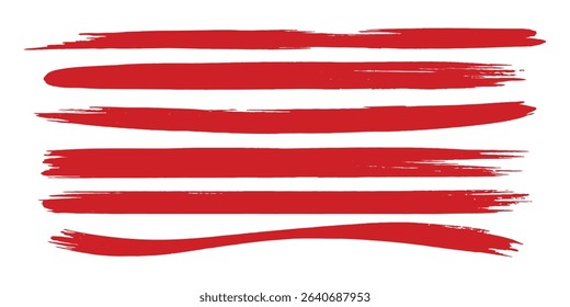 Straight red ink vector lines pack. Bloody color long and round hand-drawn brushstroke text highlights, frames, circles. Asian calligraphy modern