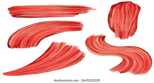 Straight red ink vector lines pack. Bloody color long and round hand-drawn brushstroke text highlights, frames, circles. Asian calligraphy modern