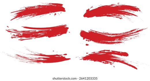 Straight red ink vector lines pack. Bloody color long and round hand-drawn brushstroke text highlights, frames, circles. Asian calligraphy modern