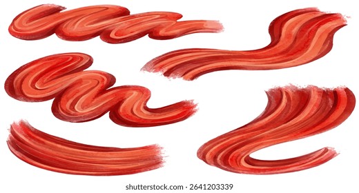 Straight red ink vector lines pack. Bloody color long and round hand-drawn brushstroke text highlights, frames, circles. Asian calligraphy modern.vector.