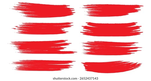 Straight red ink vector lines pack. Bloody color long and round hand-drawn brushstroke text highlights, frames, circles. Asian calligraphy brushstroke set