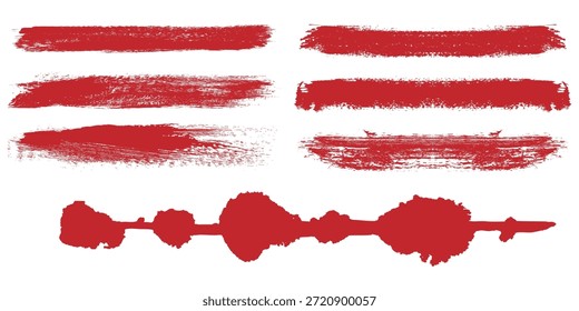 Paquete de líneas de Vector de tinta roja recta. Color sangriento largo y redondo dibujado a mano pincelada texto resaltado, marcos, círculos. Conjunto de pinceladas de caligrafía asiática. Grueso grunge abstracto garabatos de color de sangre