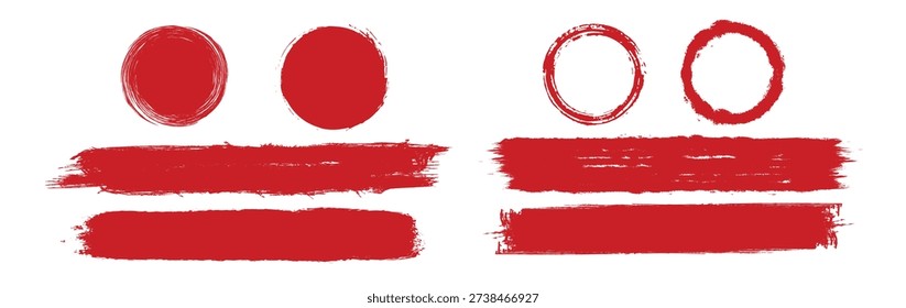 Straight red ink vector lines pack. Bloody color long and round hand-drawn brushstroke text highlights  frames  circles. Asian calligraphy brushstroke set. eps 10