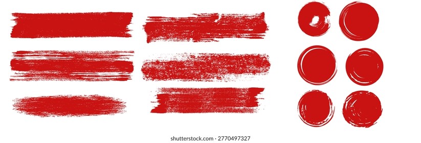 Straight red ink vector lines pack. Bloody color long and round hand-drawn brushstroke text highlights  frames  circles. Asian calligraphy brushstroke set. 