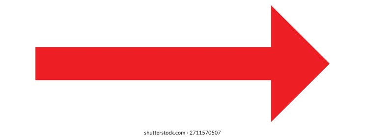 Vector de flecha larga roja recta dirección del lado derecho.  Flecha de línea roja apuntando al lado derecho. Icono de flecha de estilo plano para diseño de Sitio web, logotipo, App. Icono de flecha roja larga aislado sobre fondo blanco.