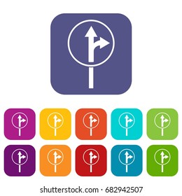 Straight or right turn ahead road sign icons set vector illustration in flat style in colors red, blue, green, and other