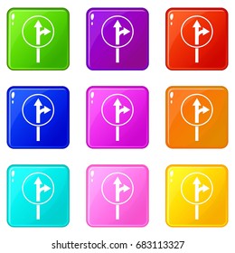 Straight or right turn ahead road sign icons of 9 color set isolated vector illustration