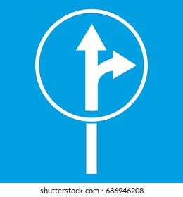 Straight or right turn ahead road sign icon white isolated on blue background vector illustration