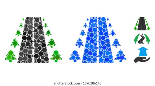 Straight road alley mosaic of filled circles in variable sizes and color tinges, based on straight road alley icon. Vector small circles are grouped into blue illustration.
