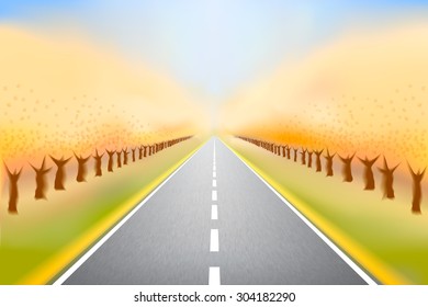 Straight road in the autumn forest. Vector illustration.