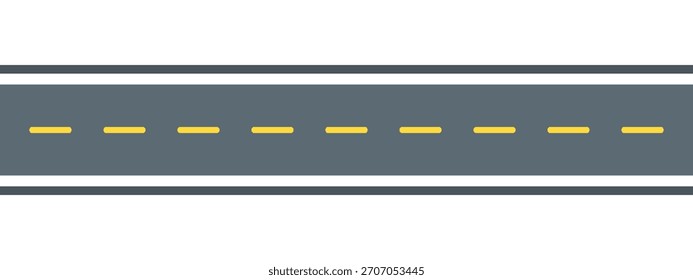Straight road flat line illustration. Vector outline pictogram of a horizontal asphalt highway with yellow dashed center lane markings and white borders, direct travel route and journey path.