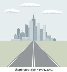 Straight road leading to the big city flat design vector illustration.