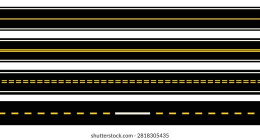 Straight road marking lines set with asphalt highway lane markings. Vector illustration of seamless double solid yellow and dashed white street divider lines, transportation track template.