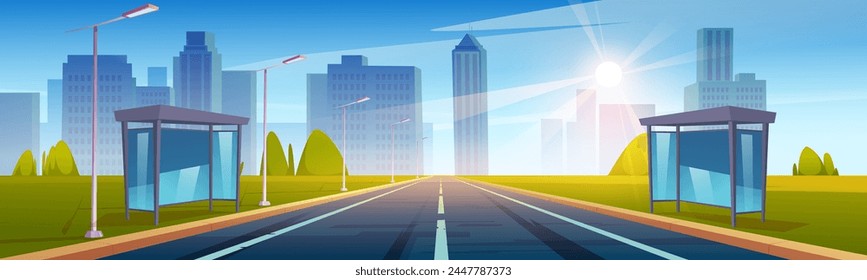 Straight road to modern city with high buildings, street lights and bus stops. Cartoon vector illustration of asphalt highway lead to metropolis with skyscrapers, sun on blue sky during summer day.