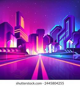 A straight road through a bright cyberpunk futuristic street in a big city. Nightlife metaverse in the city of the future concept.