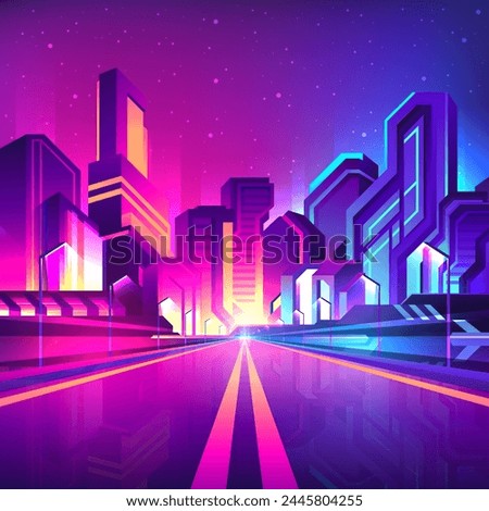 A straight road through a bright cyberpunk futuristic street in a big city. Nightlife metaverse in the city of the future concept.