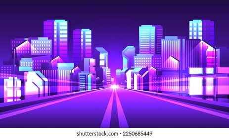 Straight road through the city at night with office skyscrapers synthwave style.