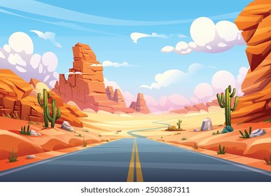 Straight road through desert landscape with red rocks, cacti, and clear blue skies. Vector cartoon illustration