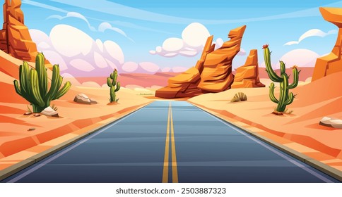 Straight road through desert landscape with rock formations and cacti. Vector cartoon illustration