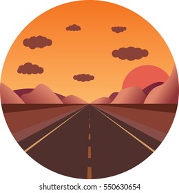 straight road towards the sunset in the mountains