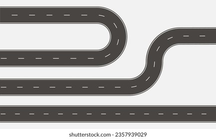 Straight road, turn and zigzag. High way, map trip. Vector
