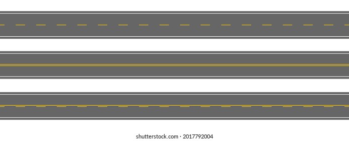 Straight roads aerial top view. Empty horizontal highways with different white and yellow markings. Seamless roadway templates. Elements of city map. Vector flat illustration.