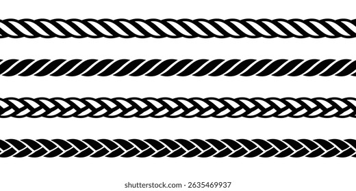 Ícone de vetor de corda reta. Conjunto de padrões de cordas repetidos. Coleta de linha de cordão de cânhamo sem costura.