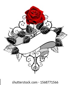Straight rose with red bud, stem, black leaves, decorated with ribbon in tattoo style on white background.