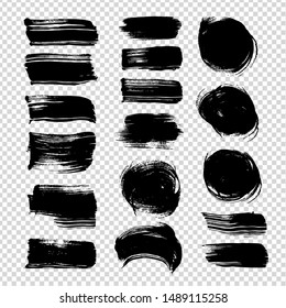 Straight and round textured brushstrokest black textured isolated on imitation transparent background