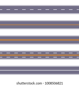 Straight seamless asphalt road with white and orange marking design of transport lines illustration.