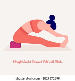 Straight Seated Forward Fold with Block. Young woman practicing Yoga pose. Woman workout fitness, aerobic and exercises. Vector Illustration.