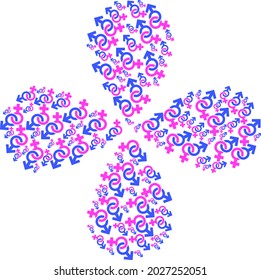 Straight sex symbol exploding flower shape. Element flower with 4 petals done from oriented straight sex symbol symbols. Vector flower collage in flat style.