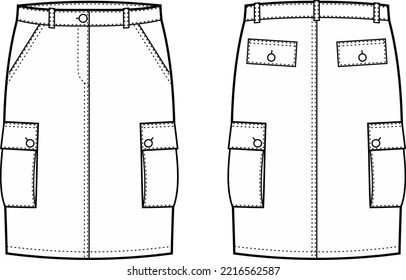 Straight skirt flat sketch. Casual wear apparel design. Front back. Women  jeanswear CAD mockup. Technical drawing template. Vector illustration.