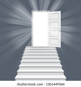 Straight stairway leading to open door vector illustration.