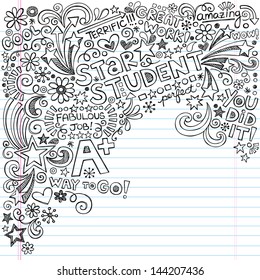 Straight A Star Student Scribble Inky Doodles- Back To School Notebook Doodle Design Elements On Lined Sketchbook Paper  Illustration