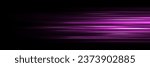 Straight streaks with high speed motion light effect. Purple glowing dynamic trail. Realistic vector illustration of neon energy flare action of fast car movement or race on black background.