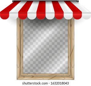 Straight striped awning above the window. Vector illustration. Wooden window with transparent background behind glass. Single wooden window frame.