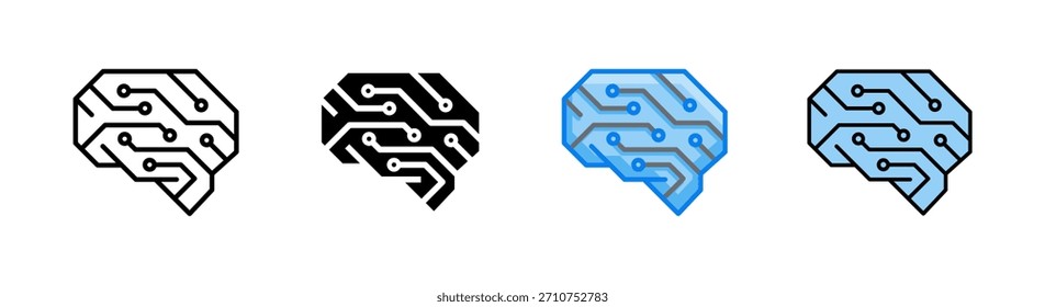 A straight style shape, artificial brain icon set containing a structured internal circuit pattern. Suitable for neural modeling, AI frameworks, and data-driven systems.