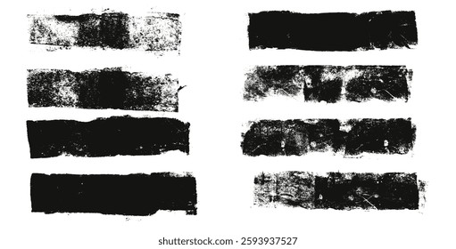 Straight thick grunge underlines. Linocut rolled brush stroke set. Handmade ink rectangle rough stamps. Vector black paint lines shapes. Dry marker or brayer smear textures Modern wide figures