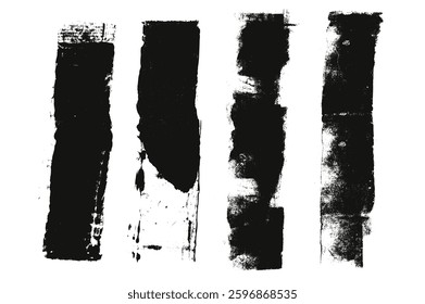 Straight thick grunge underlines. Linocut rolled brush stroke set. Handmade ink rectangle rough stamps. Vector black paint lines shapes. Dry marker or brayer smear textures. Distressed figures.